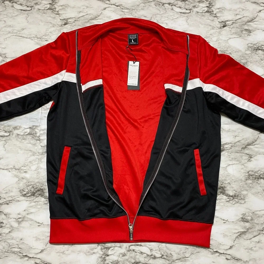 Henry & William Mens Sweater Size L Red Black Long Sleeve Full Zip Pockets NEW
